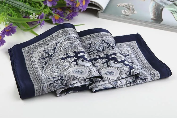 Small Square Silk Satin Scarf Navy Theme Paisley Pattern XFJ206