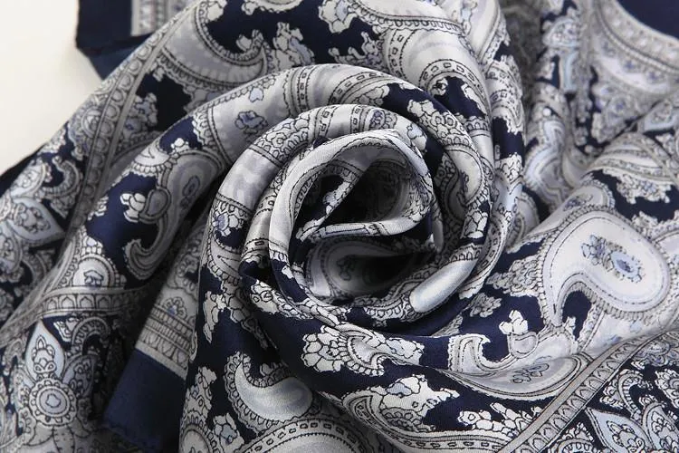 Small Square Silk Satin Scarf Navy Theme Paisley Pattern XFJ206