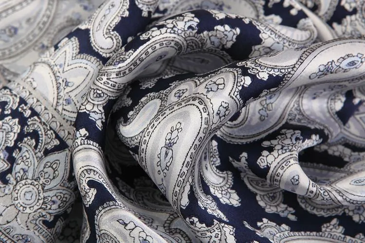 Small Square Silk Satin Scarf Navy Theme Paisley Pattern XFJ206