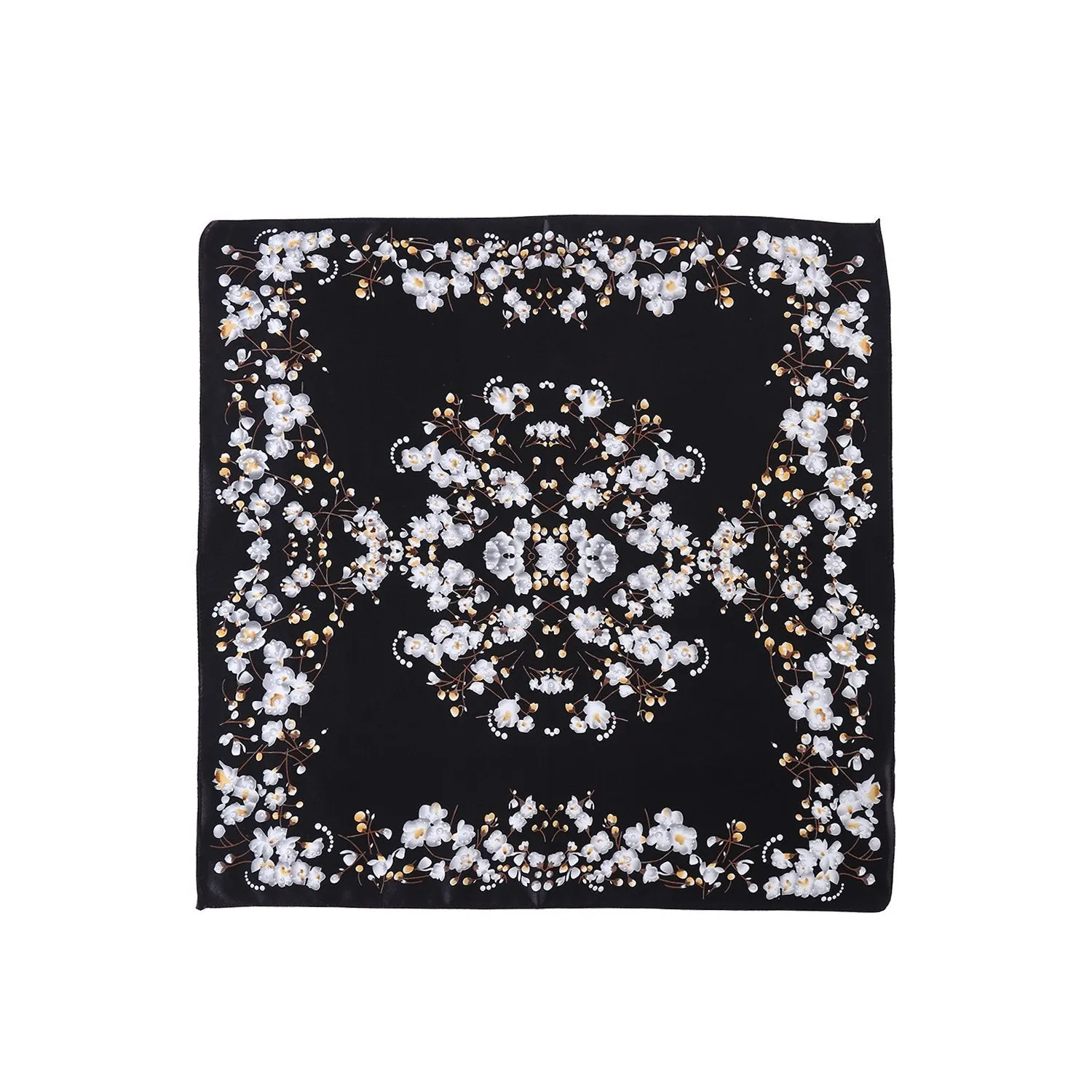 Small Square Silk Scarf Neckerchief Black Theme Floral Print XFJ229