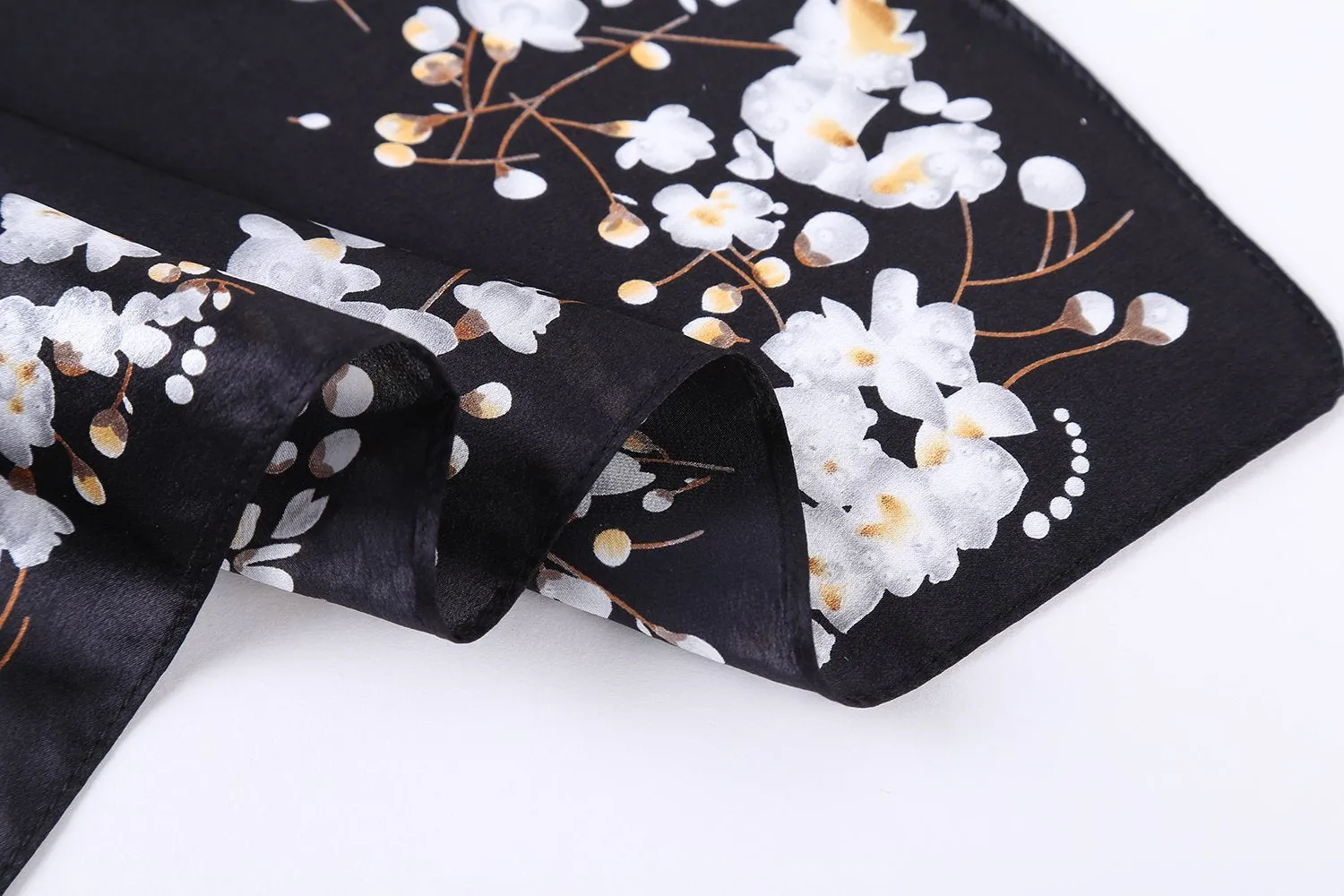 Small Square Silk Scarf Neckerchief Black Theme Floral Print XFJ229