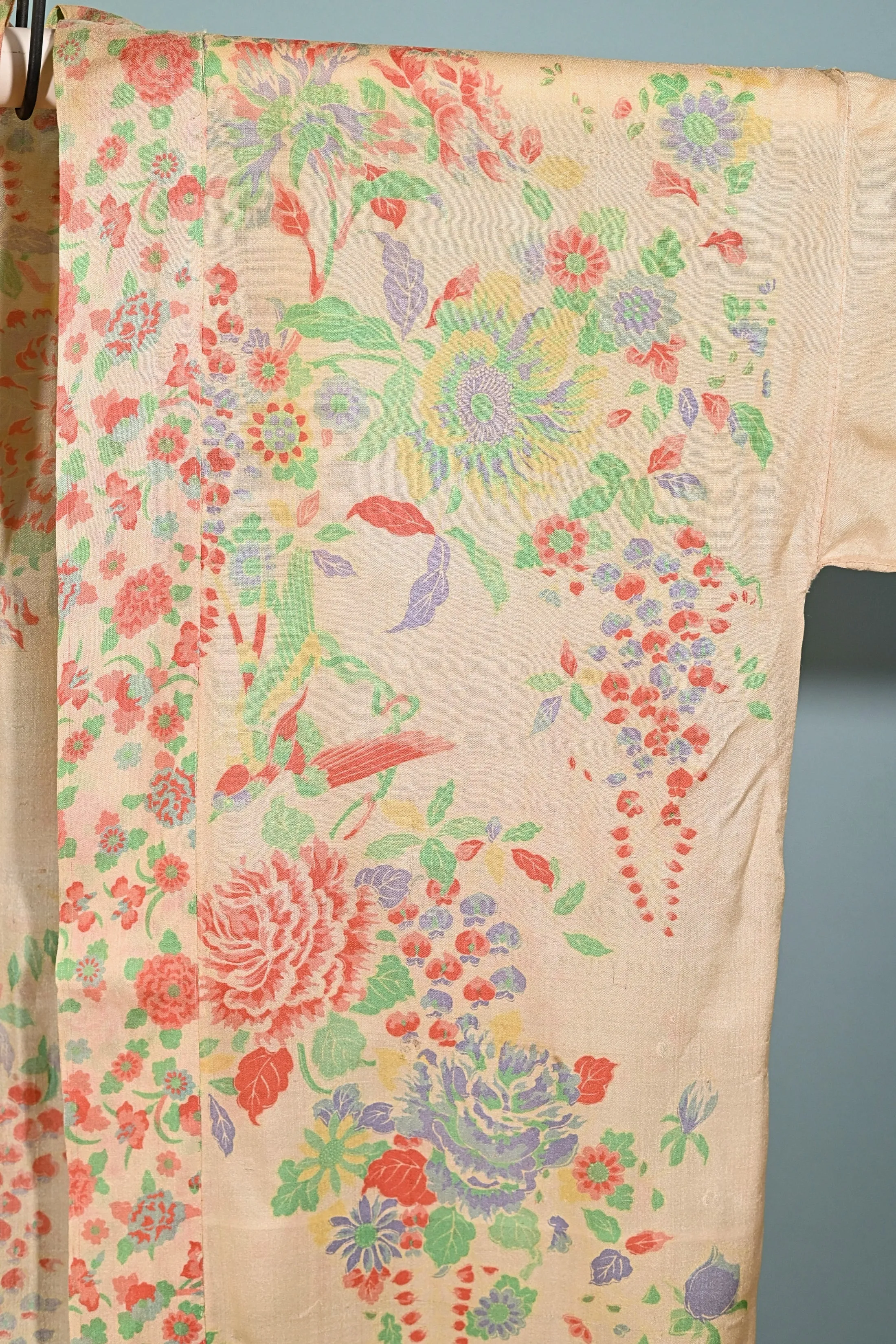 SOLD  Antique 20s Pongee Silk Robe/Kimono, Mt Fuji Flowers Birds OS