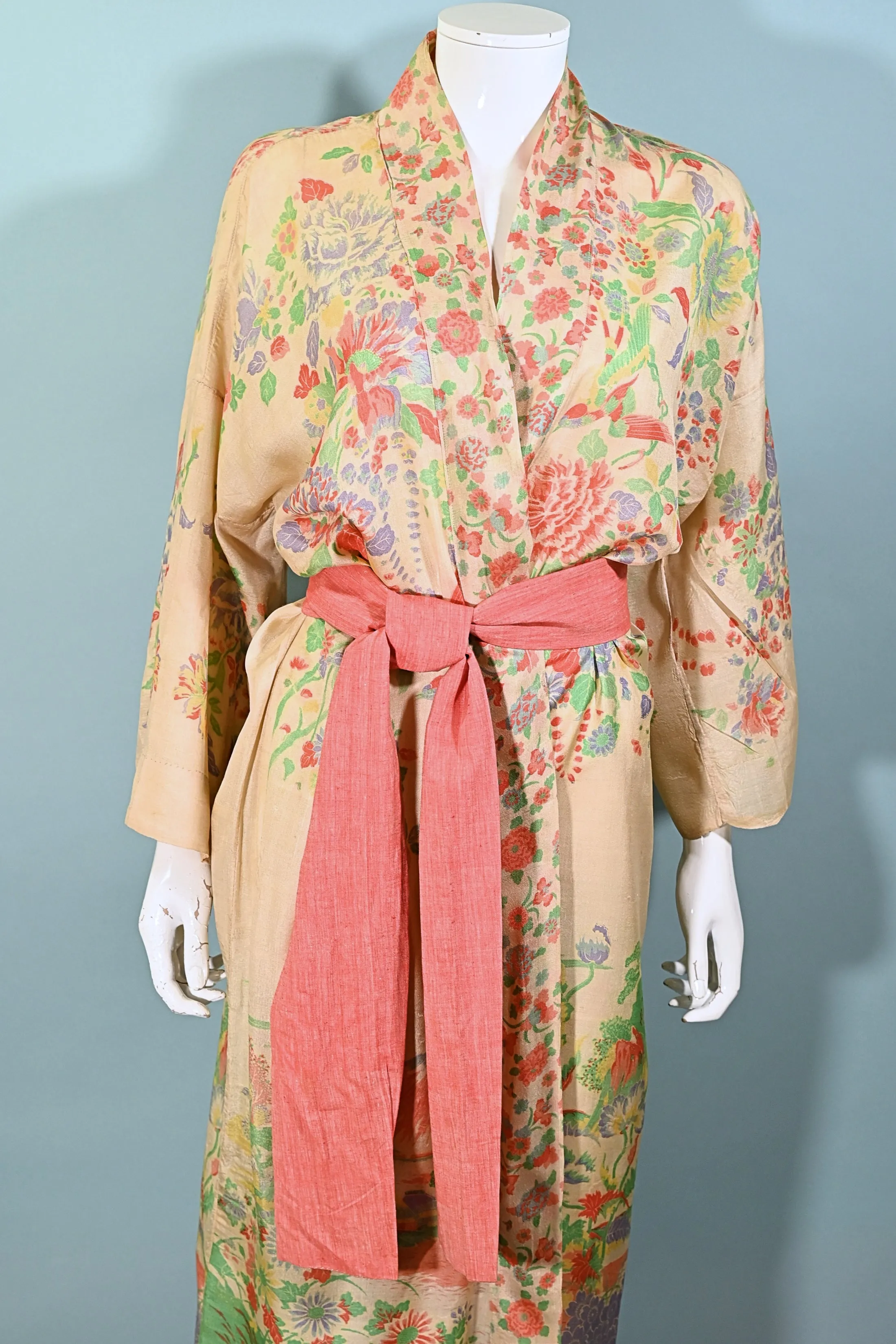 SOLD  Antique 20s Pongee Silk Robe/Kimono, Mt Fuji Flowers Birds OS