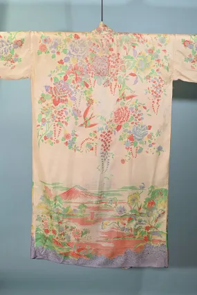 SOLD  Antique 20s Pongee Silk Robe/Kimono, Mt Fuji Flowers Birds OS