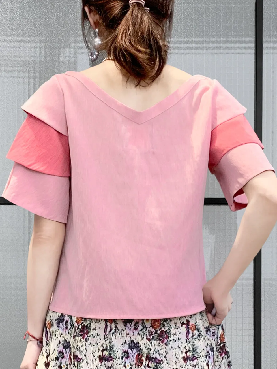 SPECIAL! Pink & Punch Tiered Sleeve Double V-neck Blouse