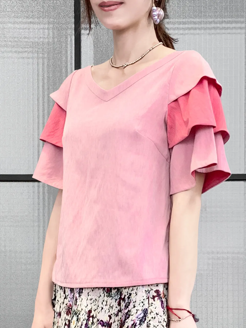 SPECIAL! Pink & Punch Tiered Sleeve Double V-neck Blouse