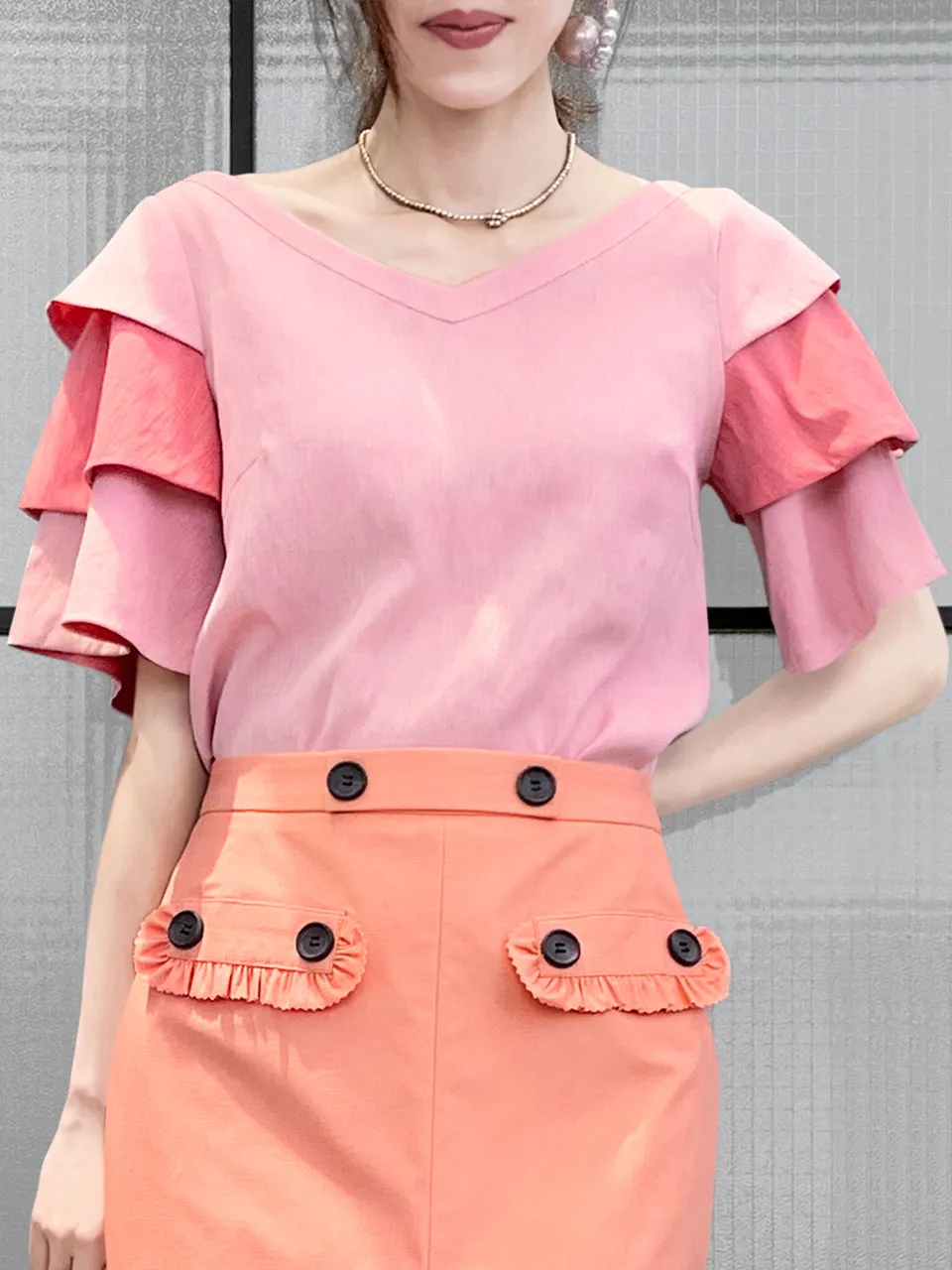 SPECIAL! Pink & Punch Tiered Sleeve Double V-neck Blouse