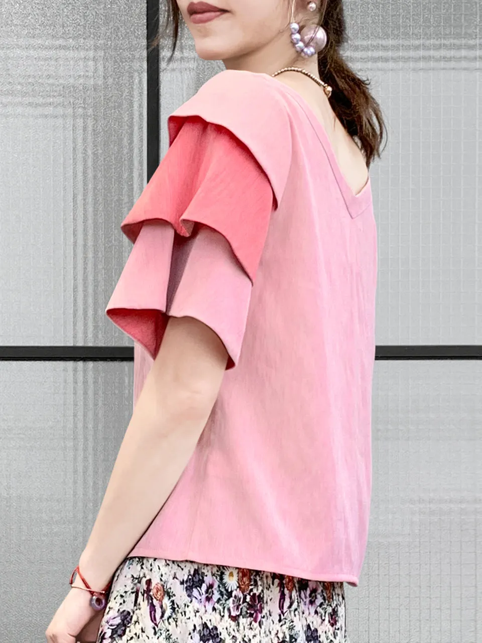 SPECIAL! Pink & Punch Tiered Sleeve Double V-neck Blouse