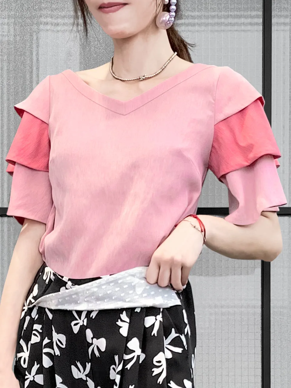 SPECIAL! Pink & Punch Tiered Sleeve Double V-neck Blouse