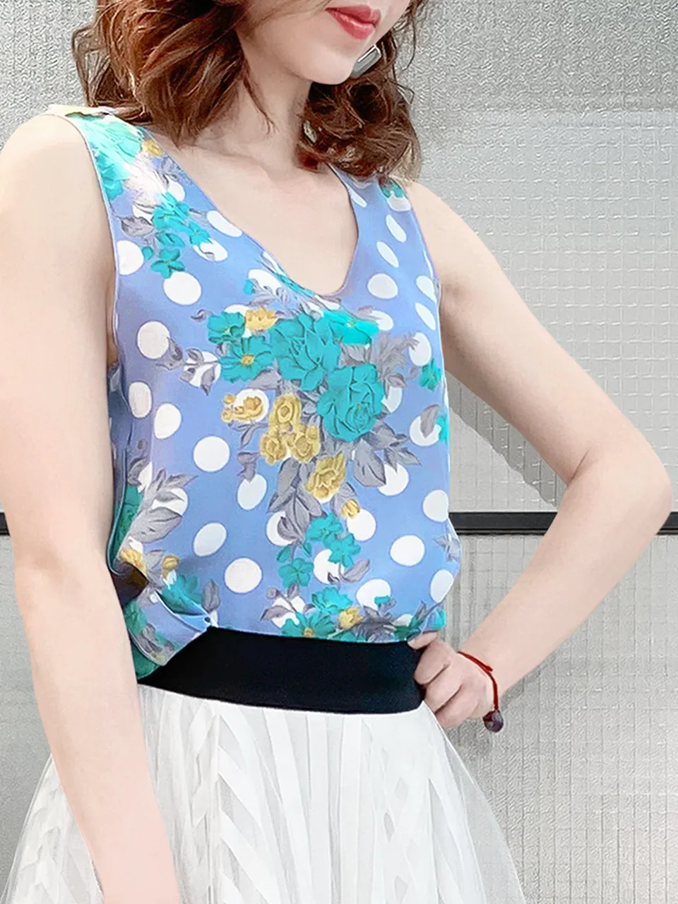 SPECIAL! Polka Dots Floral Print Trim Edge Silk Tank