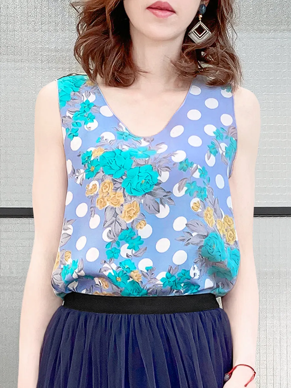 SPECIAL! Polka Dots Floral Print Trim Edge Silk Tank