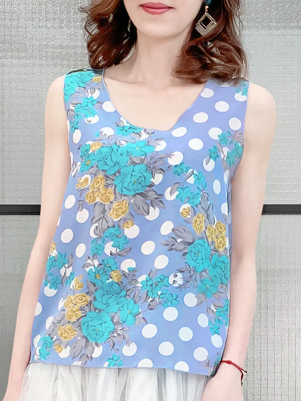 SPECIAL! Polka Dots Floral Print Trim Edge Silk Tank