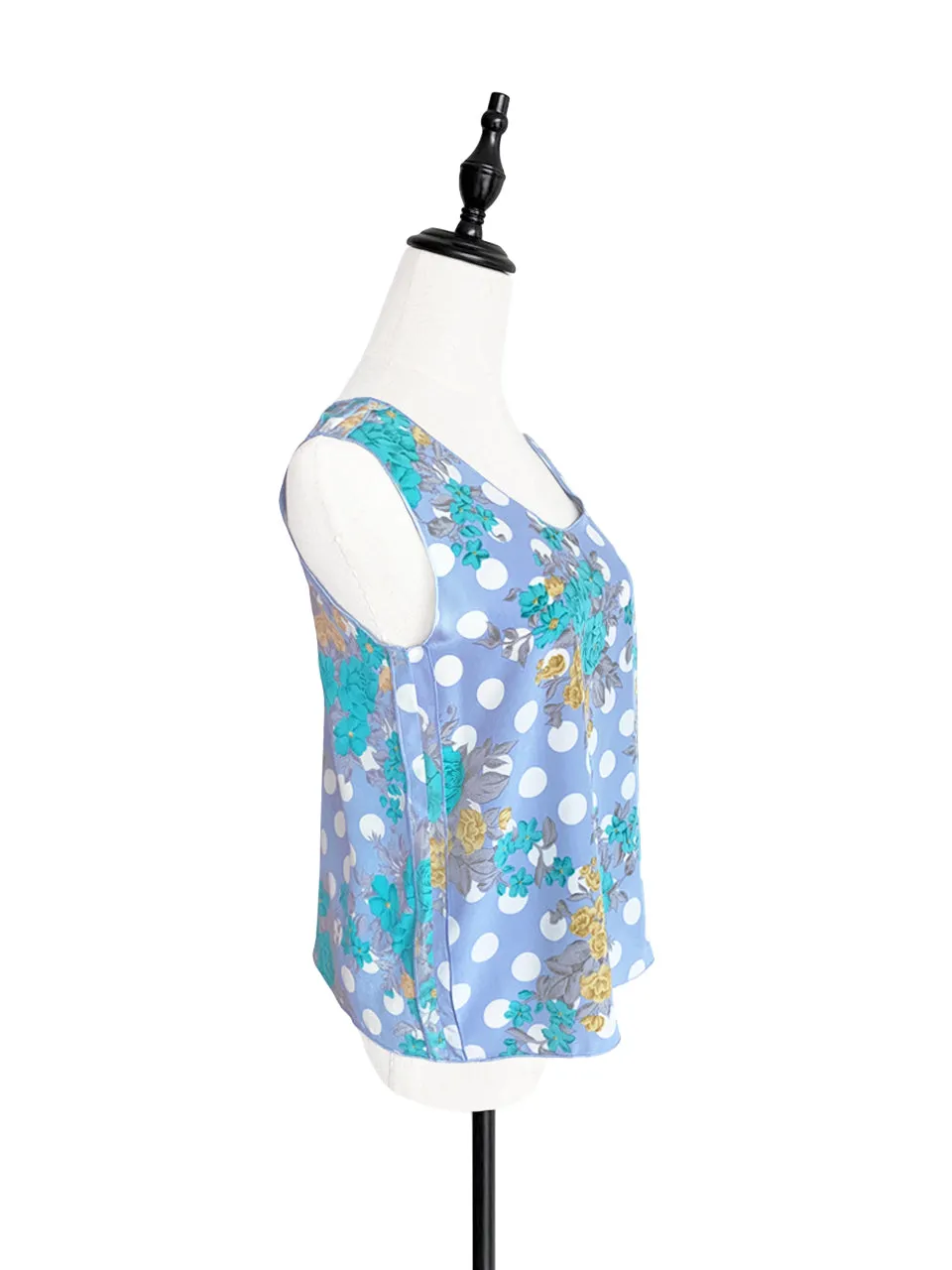 SPECIAL! Polka Dots Floral Print Trim Edge Silk Tank