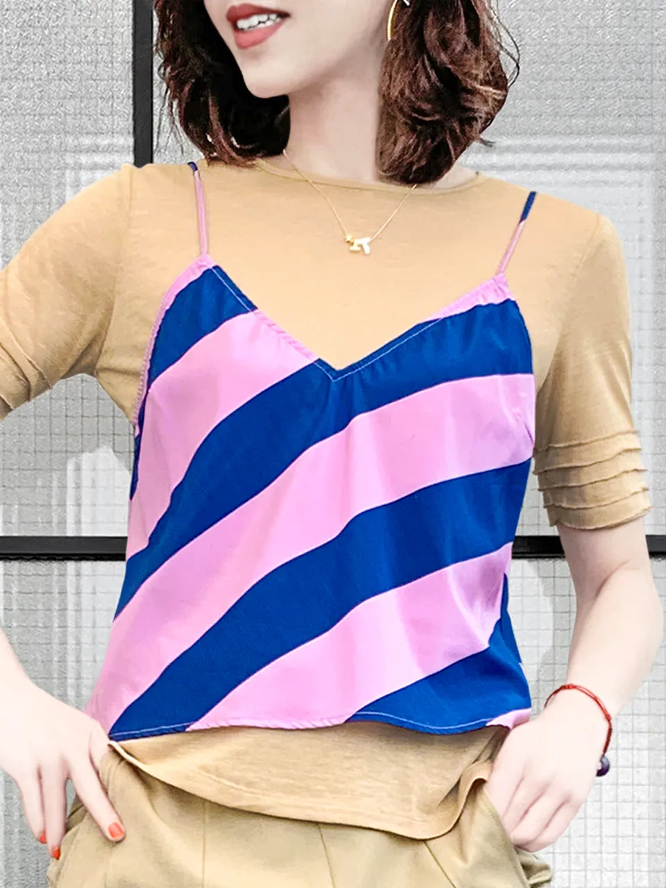 SPECIAL! Striped Silk Camisole Twofer 2-in-1 Lapped Seam Tee Top