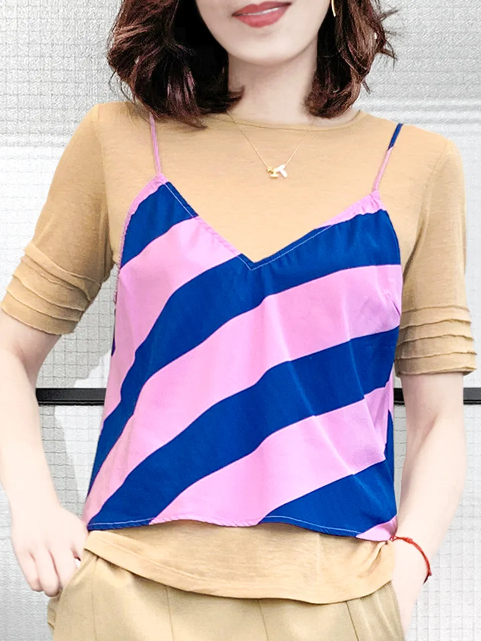 SPECIAL! Striped Silk Camisole Twofer 2-in-1 Lapped Seam Tee Top