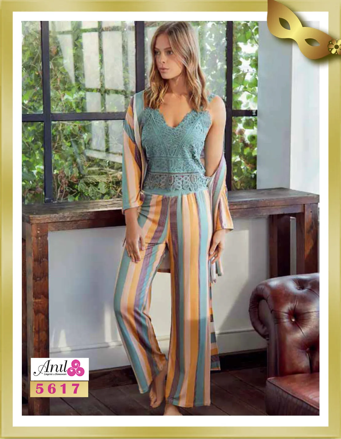 Striped Robe and Pant with Lace Bustier Pajamas Set (3pcs) 5617