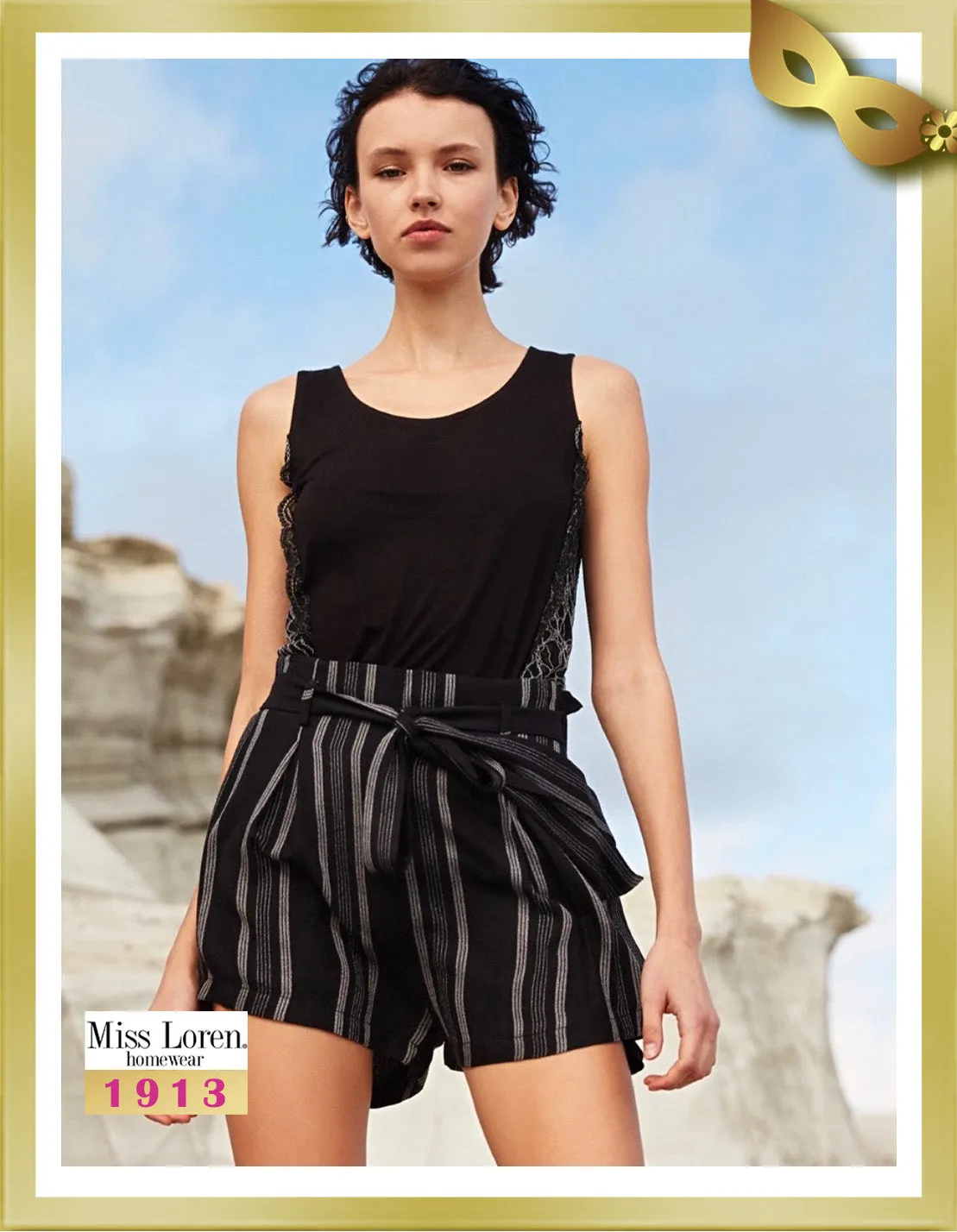 Striped Sleeveless Lace Detailed Short Pajamas 1913