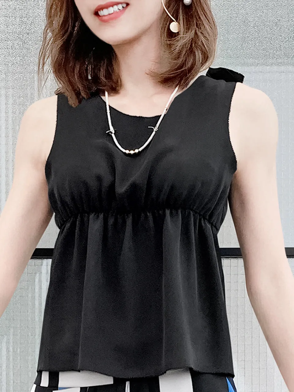 Surprise Sale! Black Stitched Trim Empire Waist Silk Tank