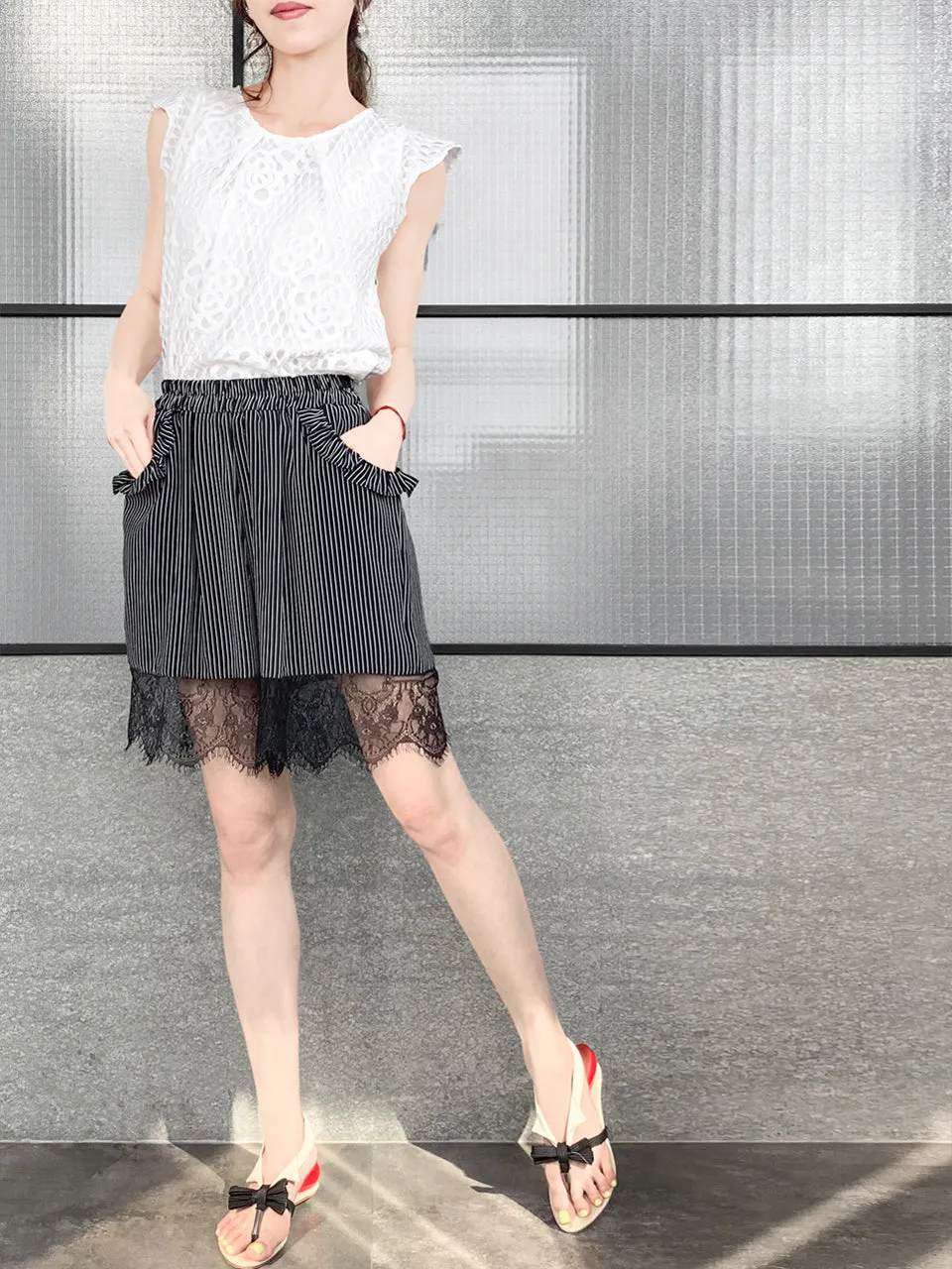 Surprise Sale! Mono Stripe Ruffle Pocket Lace Hem Drapey Silk Shorts