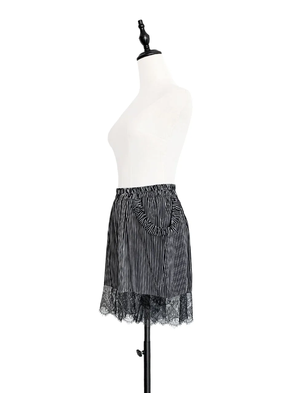 Surprise Sale! Mono Stripe Ruffle Pocket Lace Hem Drapey Silk Shorts