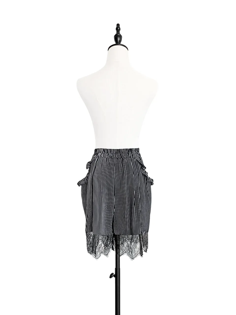 Surprise Sale! Mono Stripe Ruffle Pocket Lace Hem Drapey Silk Shorts