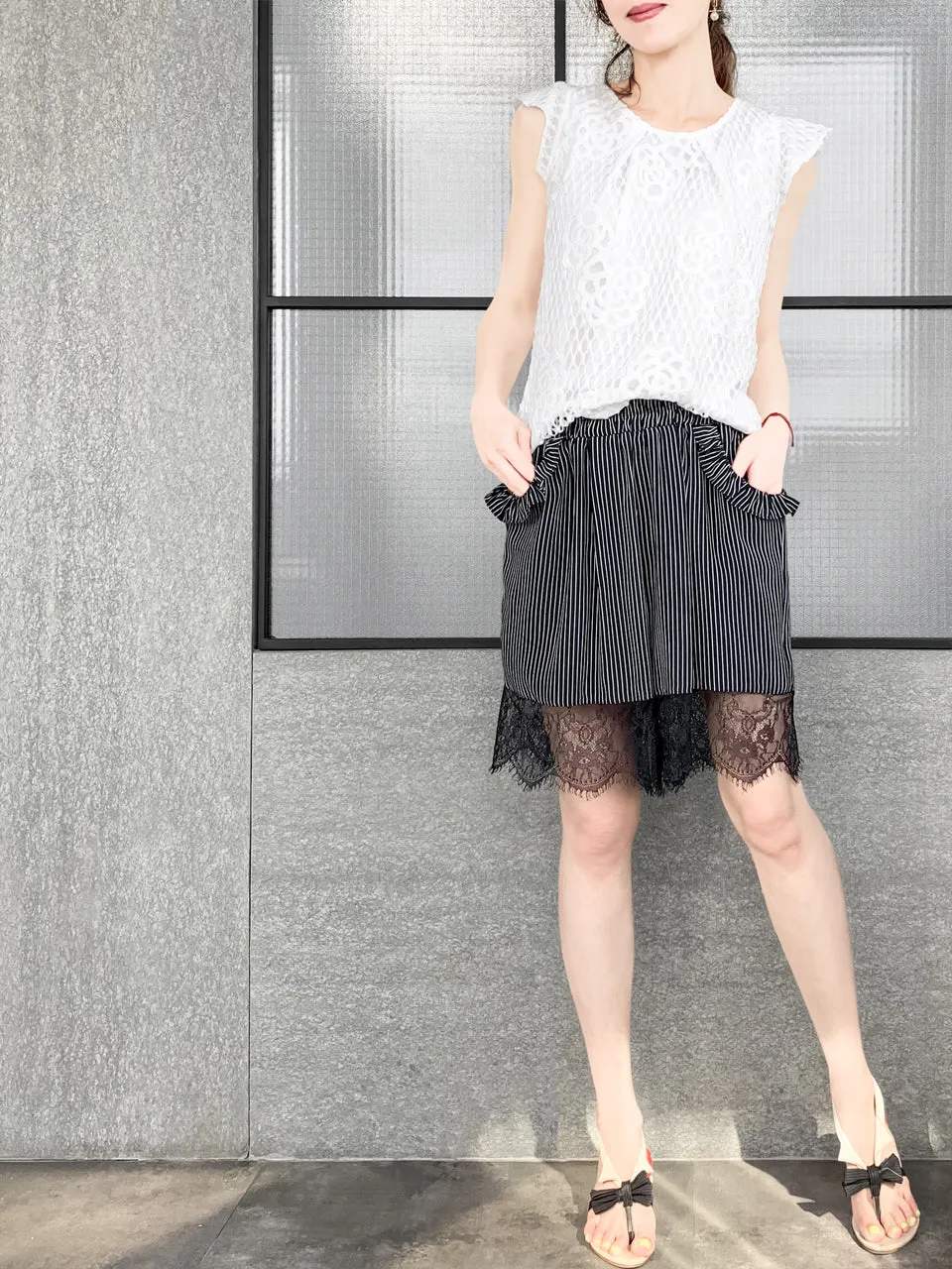 Surprise Sale! Mono Stripe Ruffle Pocket Lace Hem Drapey Silk Shorts