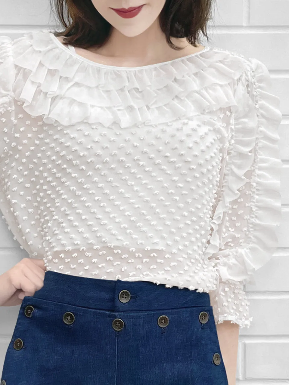 Surprise Sale! White Clip Dot Ruffle Smocked Hem Silk Top