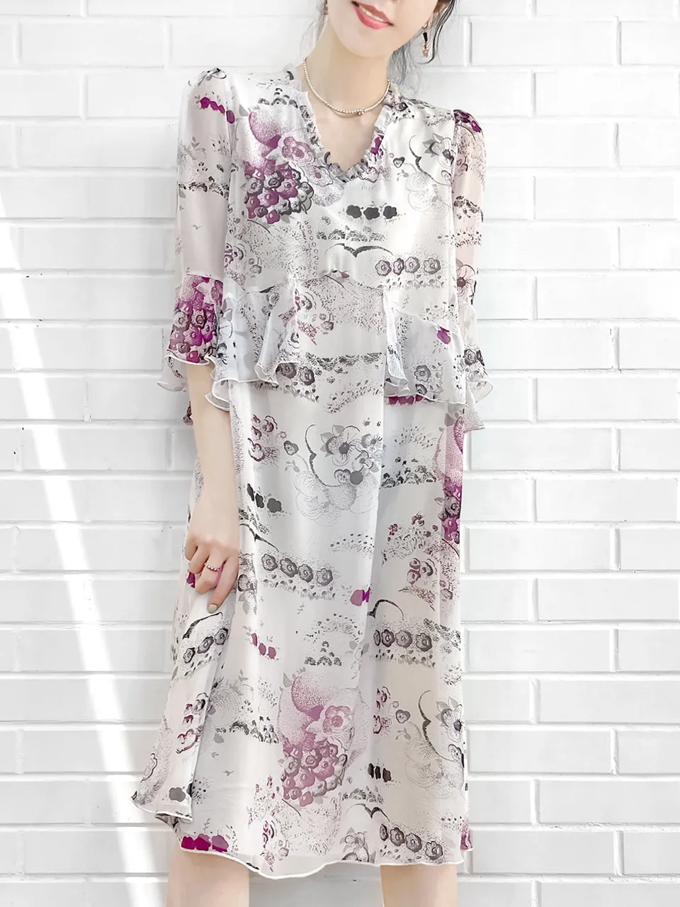 Surprise Sale! White Floral Prints Ruffle Elbow Sleeve Silky Dress