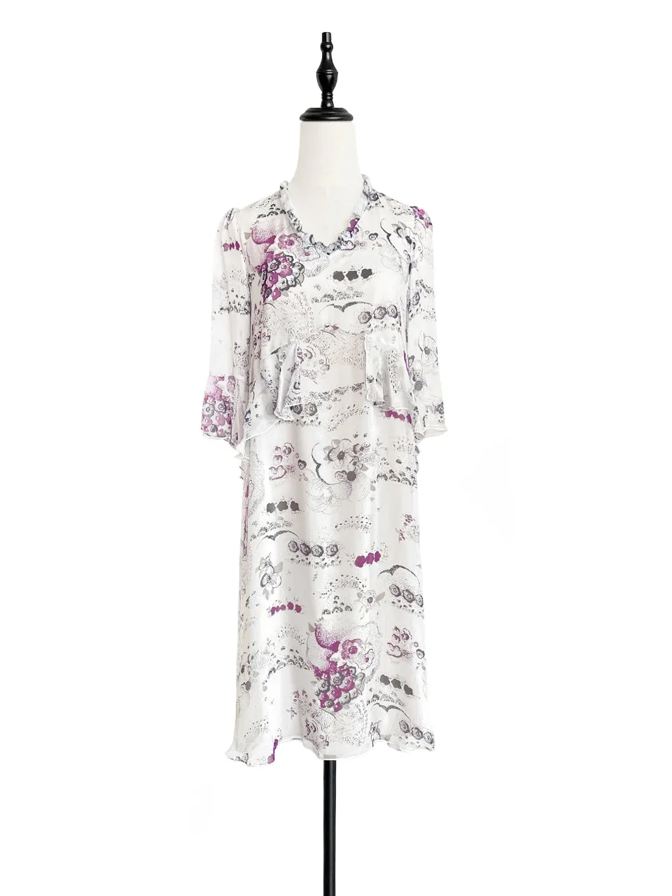 Surprise Sale! White Floral Prints Ruffle Elbow Sleeve Silky Dress