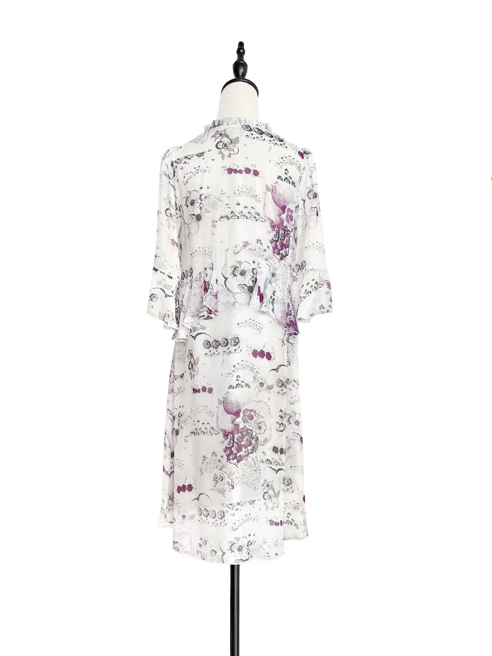 Surprise Sale! White Floral Prints Ruffle Elbow Sleeve Silky Dress