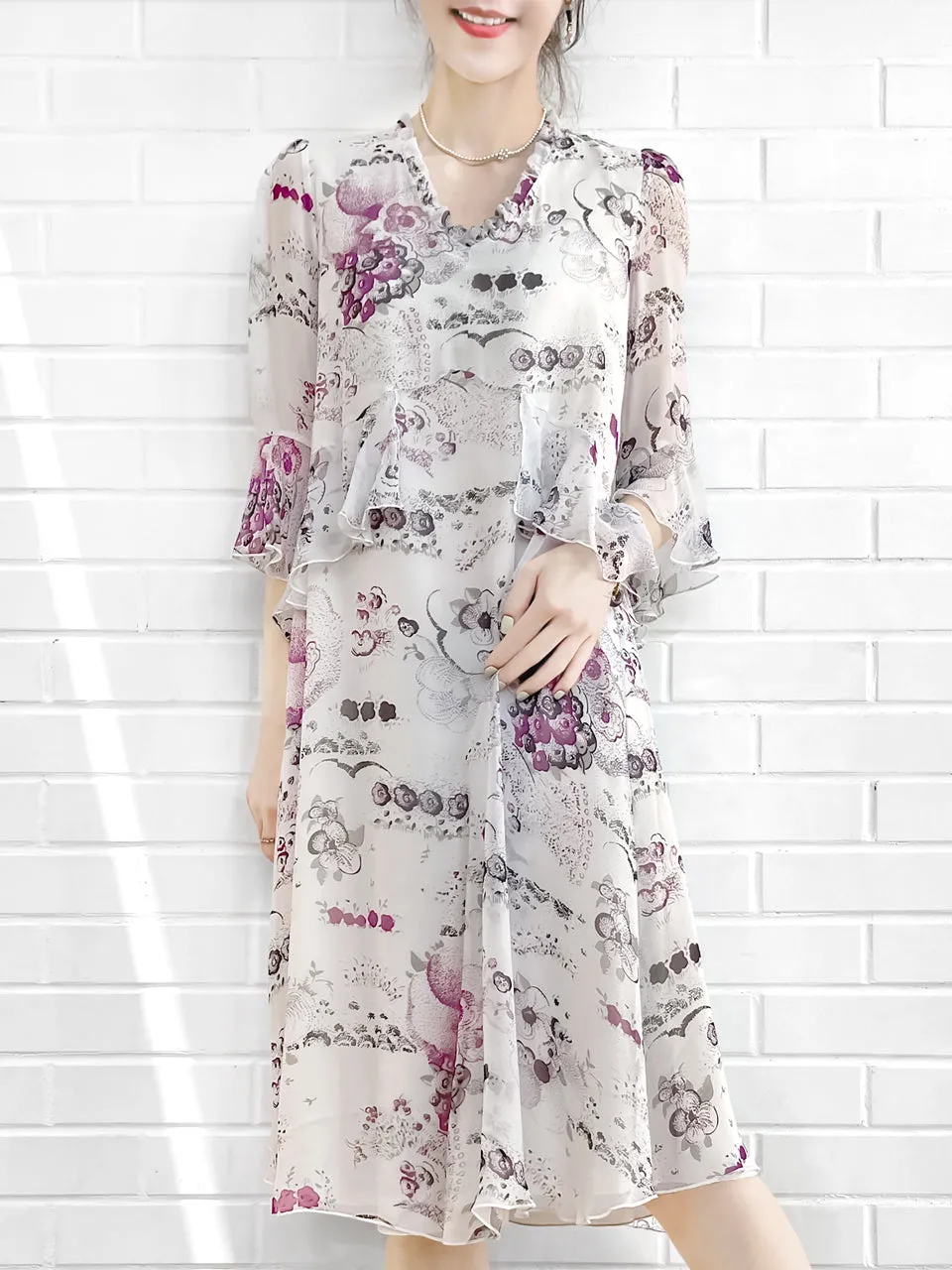 Surprise Sale! White Floral Prints Ruffle Elbow Sleeve Silky Dress