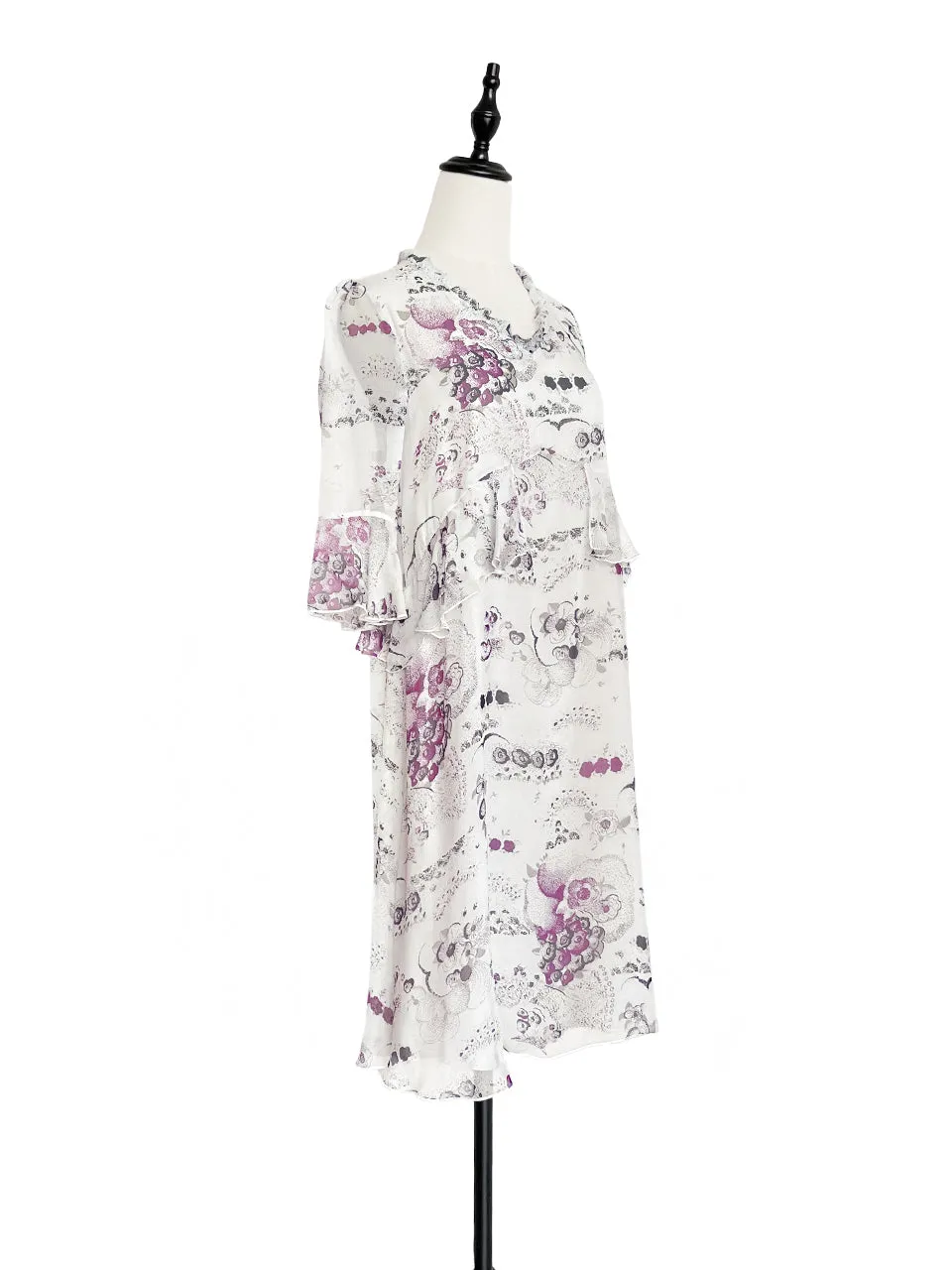 Surprise Sale! White Floral Prints Ruffle Elbow Sleeve Silky Dress