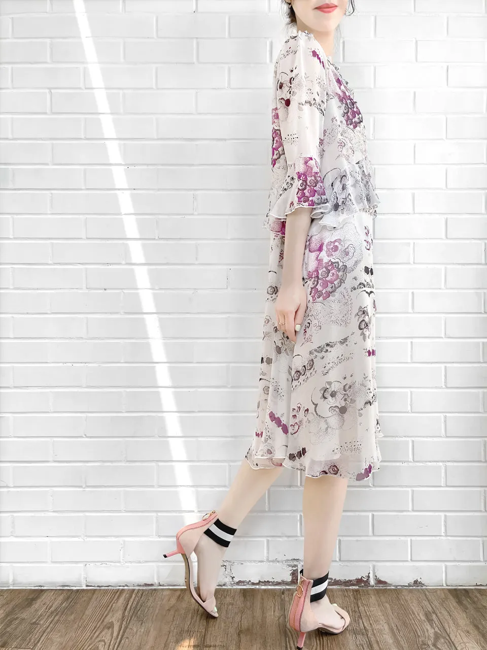 Surprise Sale! White Floral Prints Ruffle Elbow Sleeve Silky Dress