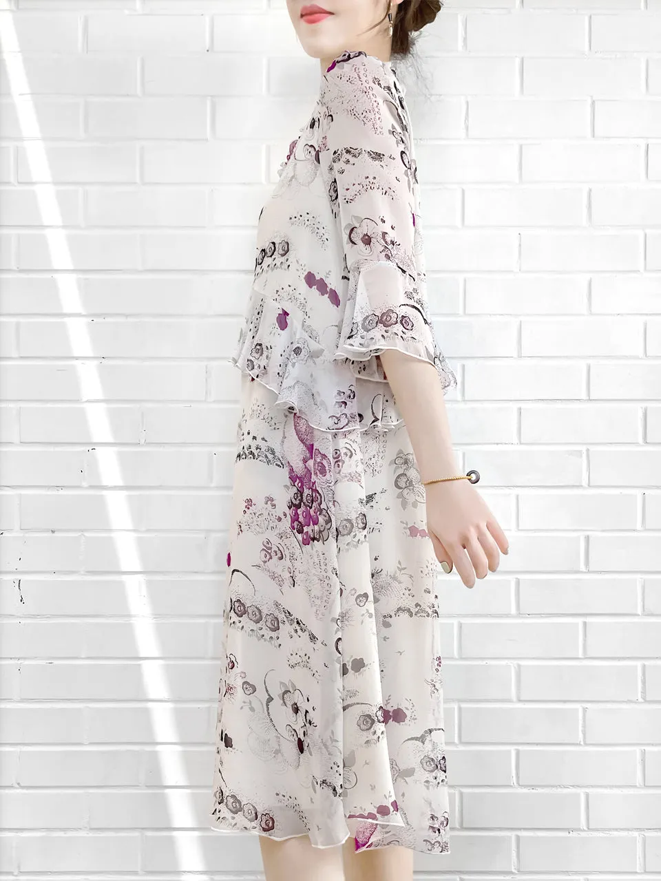 Surprise Sale! White Floral Prints Ruffle Elbow Sleeve Silky Dress