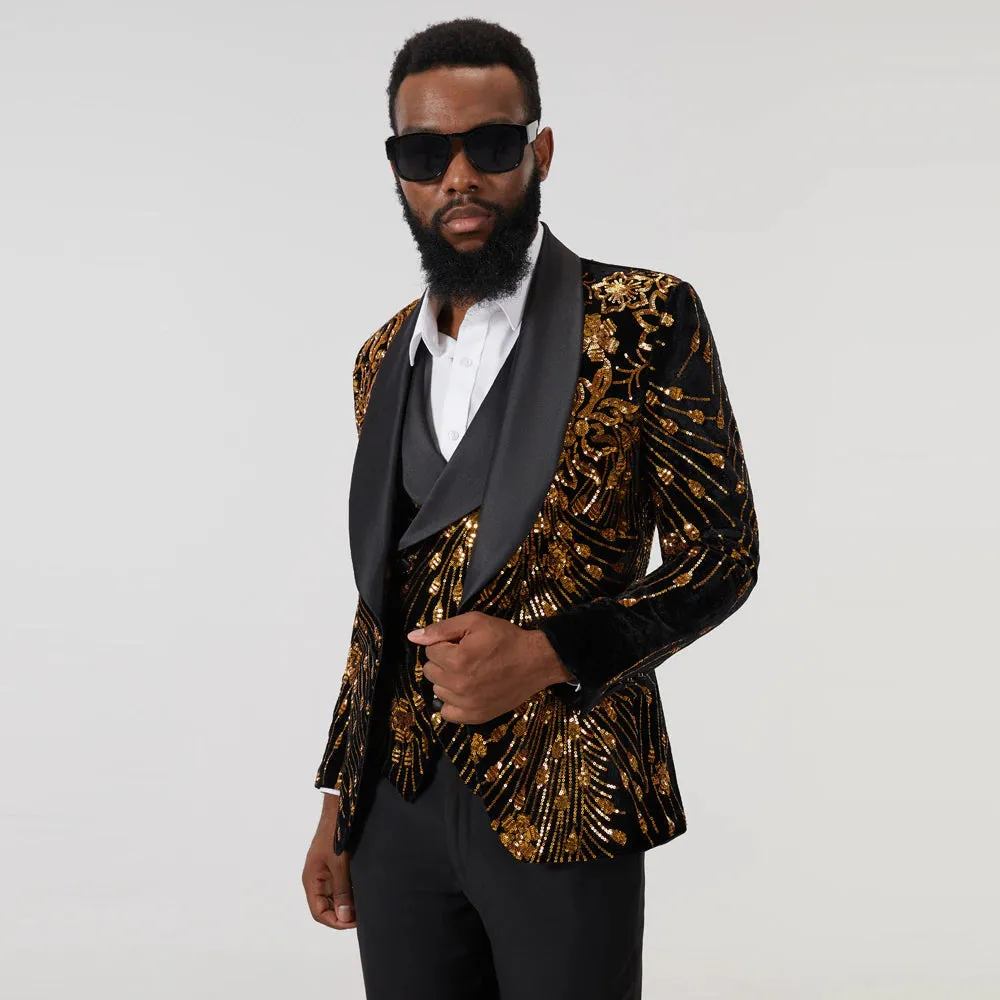 The Blaise Velvet Sequin Slim Fit Blazer Suit Jacket - Black