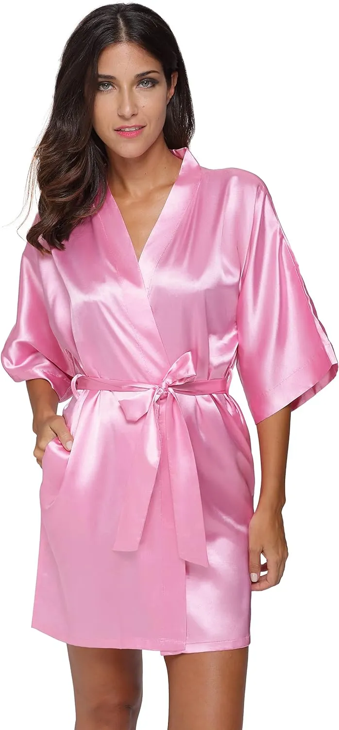 The Bund Women's Satin Robes Bride Bridesmaid Lace Short Silk Wedding Party Lightweight Bathrobe Soft Sleepwear S-XXXL