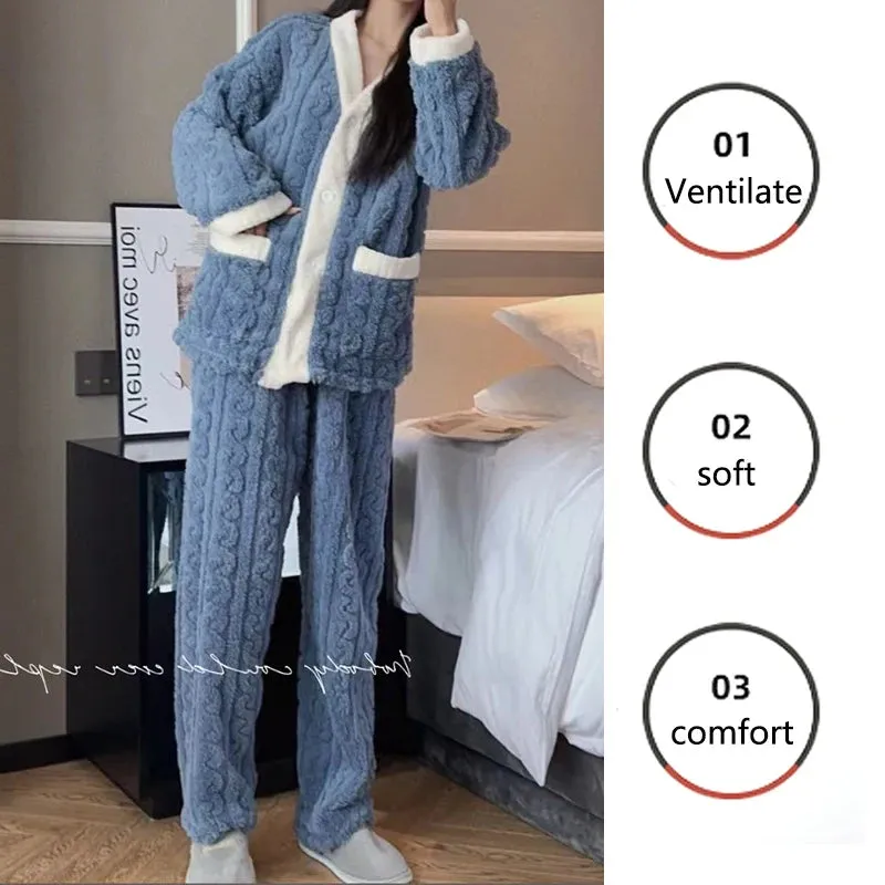 Trendy Women's Fleece Pajama Set - Cozy Cable Knit Loungewear