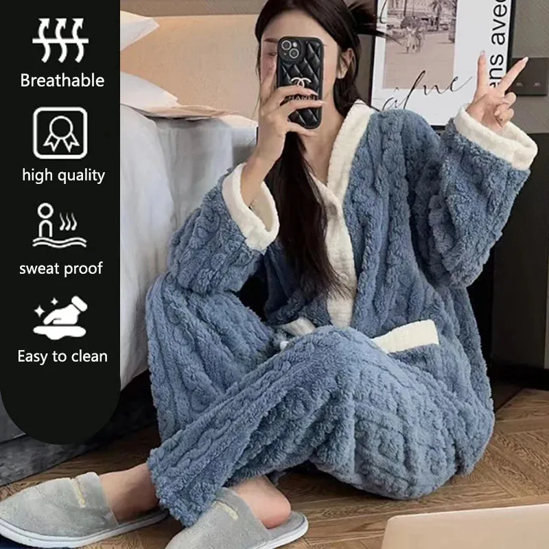 Trendy Women's Fleece Pajama Set - Cozy Cable Knit Loungewear