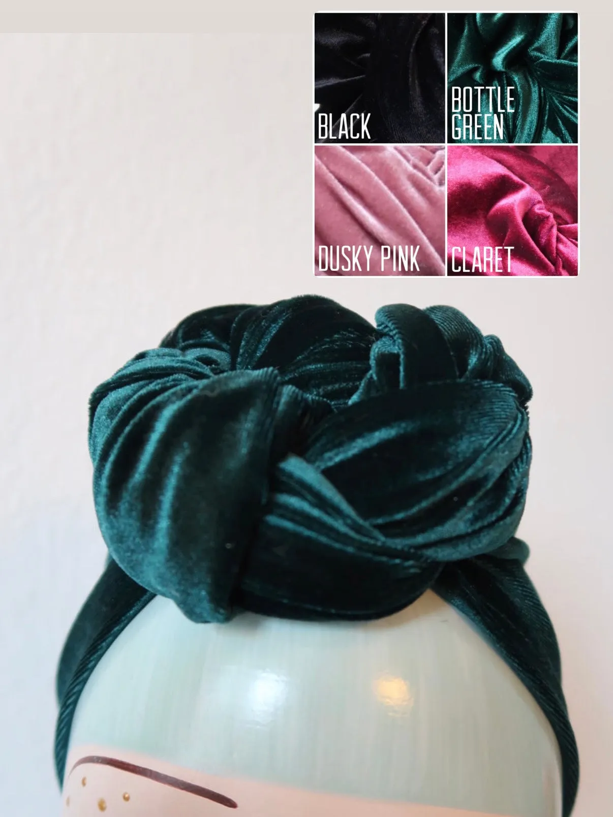 TWIST Velvet Pre-tied Stretchy 1940s Style Turban (Full Coverage) in 4 Colours (made to order)