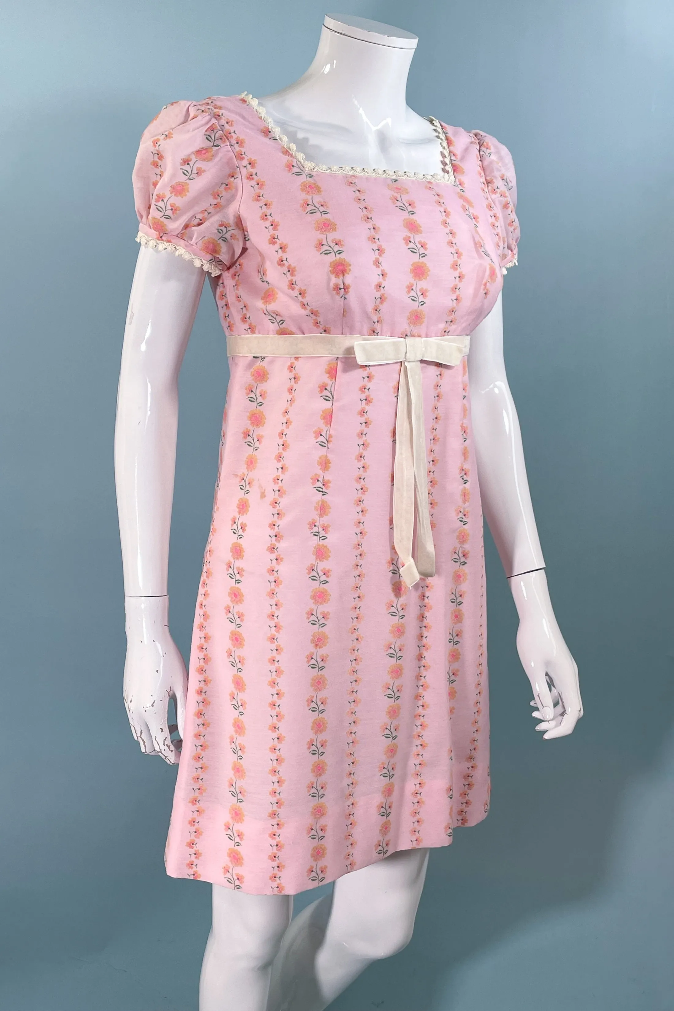 Vintage 60s Mod Baby Doll Empire Waist Mini Dress, Pink Floral Print Mini