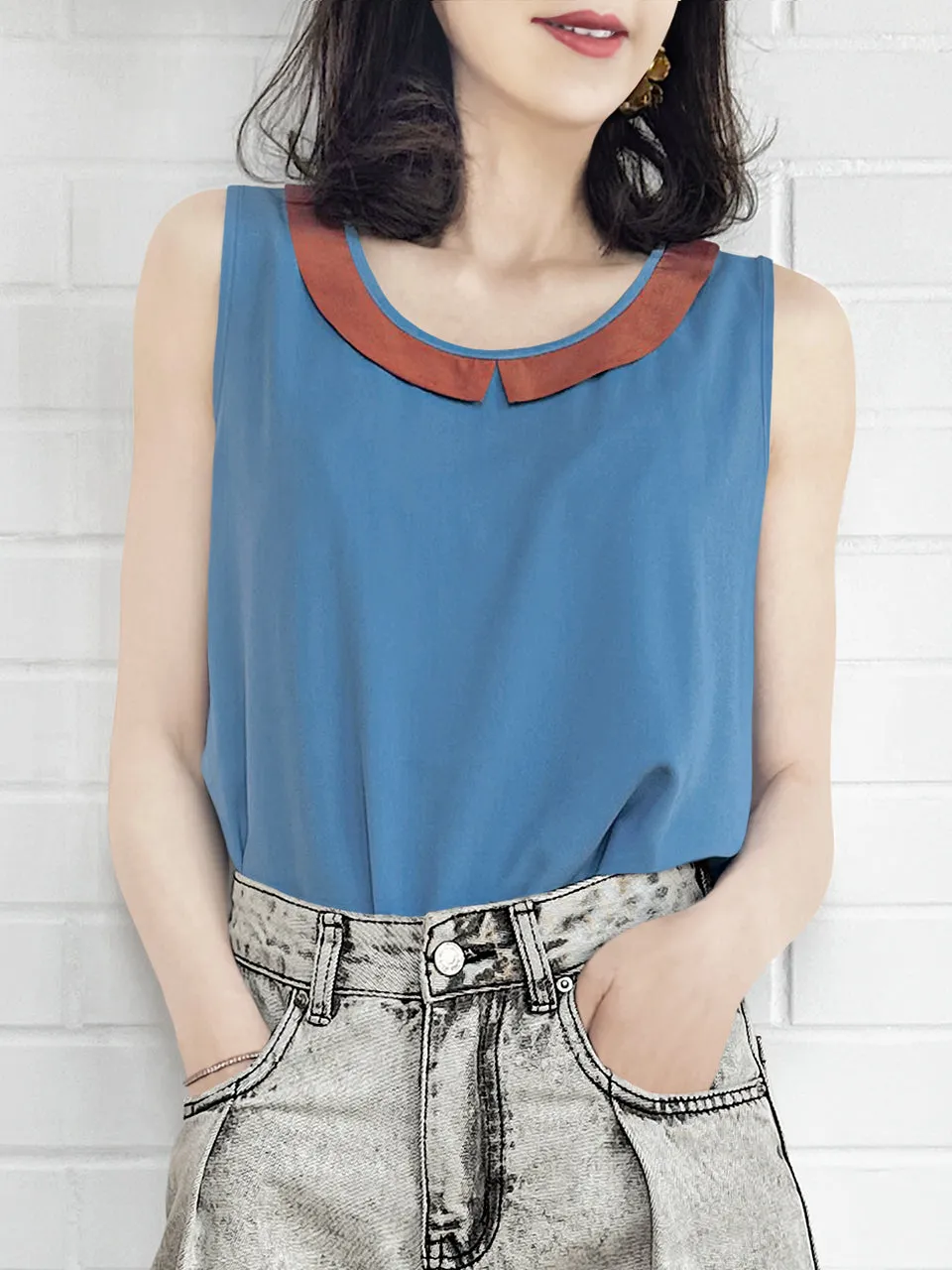 Vintage Blue Contrasted Collar Tank Sleeveless Longline Top