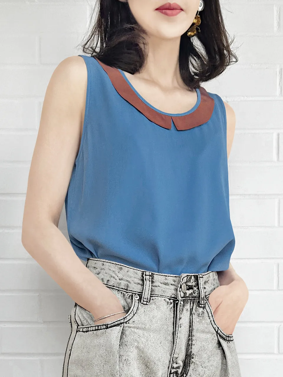 Vintage Blue Contrasted Collar Tank Sleeveless Longline Top