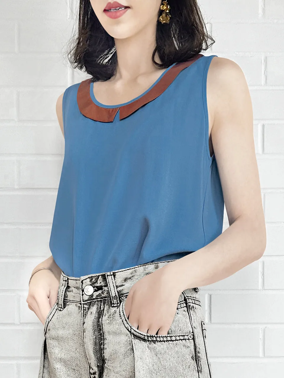 Vintage Blue Contrasted Collar Tank Sleeveless Longline Top