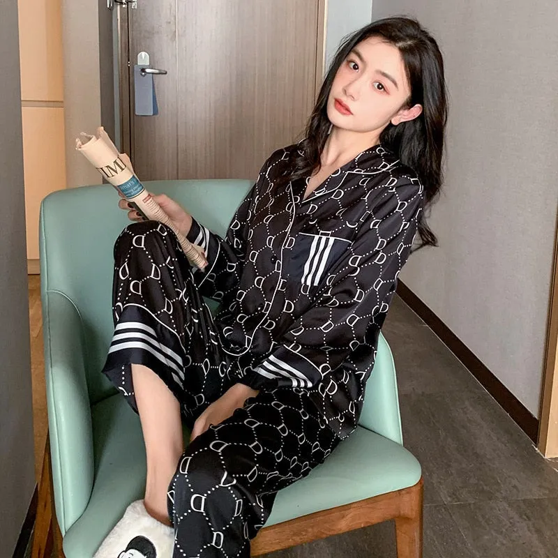 Wenkouban Spring Women's Pajamas Set Luxury Style Letter and Stripes Print Sleepwear Silk Like Couple Home Clothes Nightwear for Men