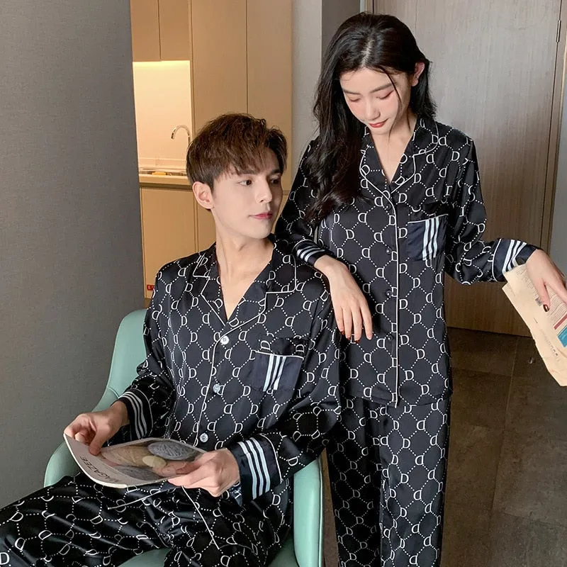 Wenkouban Spring Women's Pajamas Set Luxury Style Letter and Stripes Print Sleepwear Silk Like Couple Home Clothes Nightwear for Men