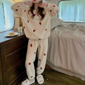 Wenkouban Women Pajama Sets Chic Kawaii Simple Strawberry Korean Style Chic Loose Females Cozy Sweet O-Neck Homewear Soft Warm New Thicker