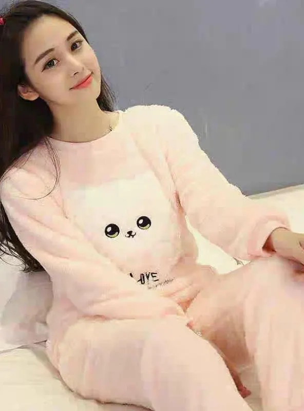 WHITE CAT WARM FLANNEL PYJAMAS SETS THICK CORAL VELVET