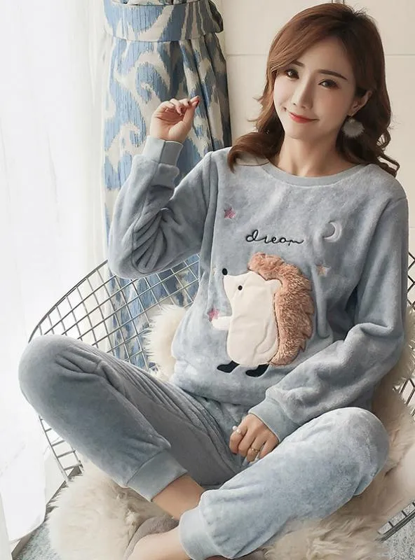 WOMEN PYJAMAS SETS THICK CORAL VELVET CARTOON SLEEPWEAR