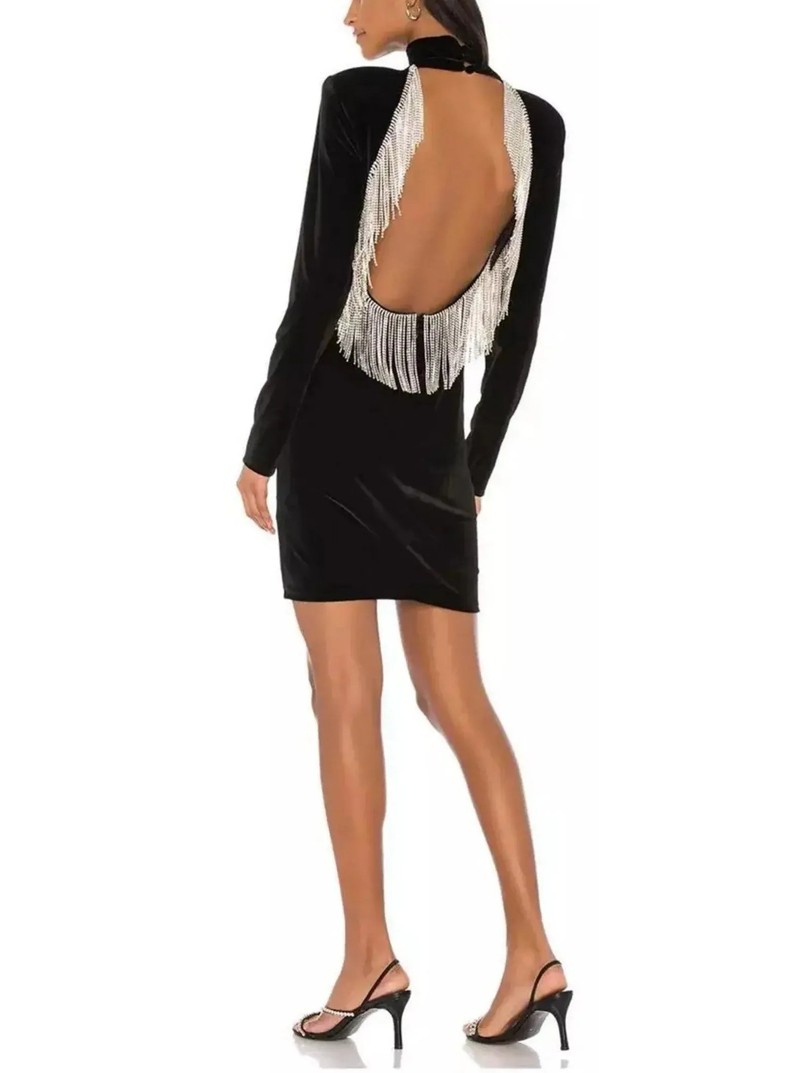 Women’s Backless Crystal-Fringe Velvet Dress