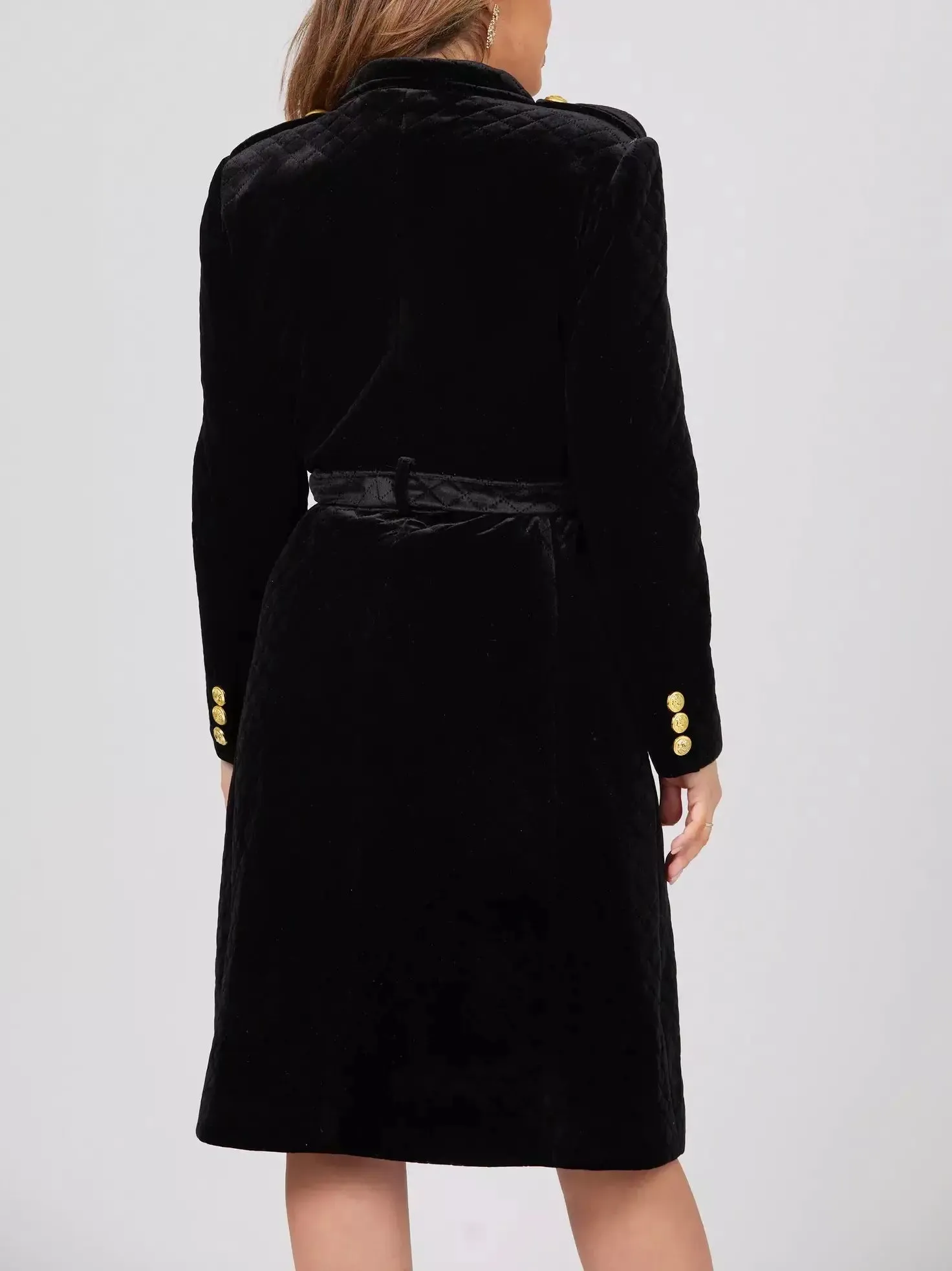 Women’s Belted Black Double-Breasted Velvet Coat